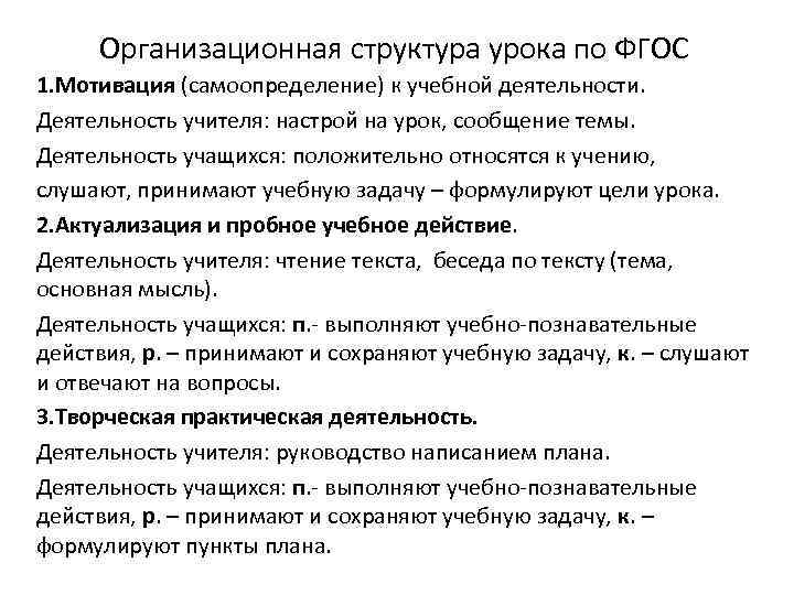 Организационная структура урока по ФГОС 1. Мотивация (самоопределение) к учебной деятельности. Деятельность учителя: настрой