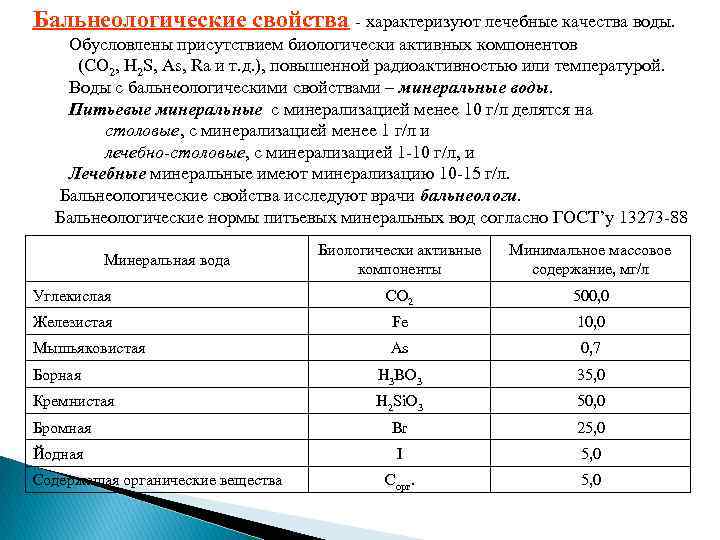 Бальнеологические свойства - характеризуют лечебные качества воды. Обусловлены присутствием биологически активных компонентов (CO 2,