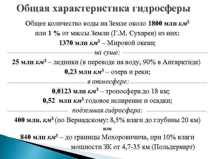 Общая характеристика гидросферы Общее количество воды на Земле около 1800 млн км 3 или