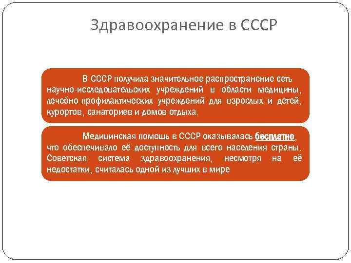 Здравоохранение в СССР В СССР получила значительное распространение сеть научно-исследовательских учреждений в области медицины,