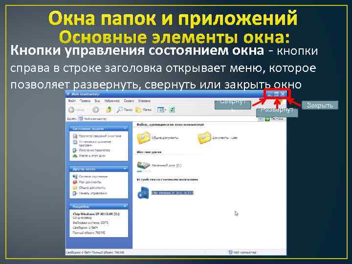 Окна папок и приложений Основные элементы окна: Кнопки управления состоянием окна - кнопки справа