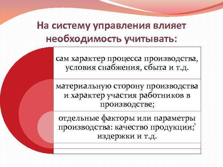 На систему управления влияет необходимость учитывать: сам характер процесса производства, условия снабжения, сбыта и