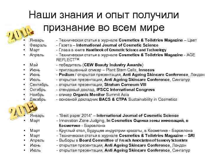 Наши знания и опыт получили признание во всем мире • • Январь Февраль Март