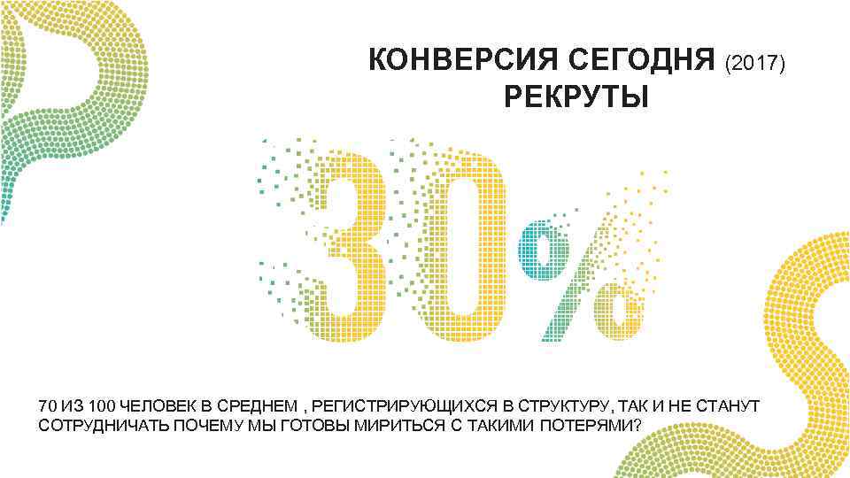 КОНВЕРСИЯ СЕГОДНЯ (2017) РЕКРУТЫ 70 ИЗ 100 ЧЕЛОВЕК В СРЕДНЕМ , РЕГИСТРИРУЮЩИХСЯ В СТРУКТУРУ,