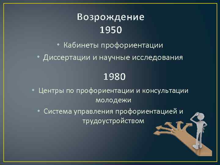 Возрождение 1950 • Кабинеты профориентации • Диссертации и научные исследования 1980 • Центры по