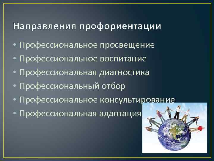 Направления профориентации • • • Профессиональное просвещение Профессиональное воспитание Профессиональная диагностика Профессиональный отбор Профессиональное