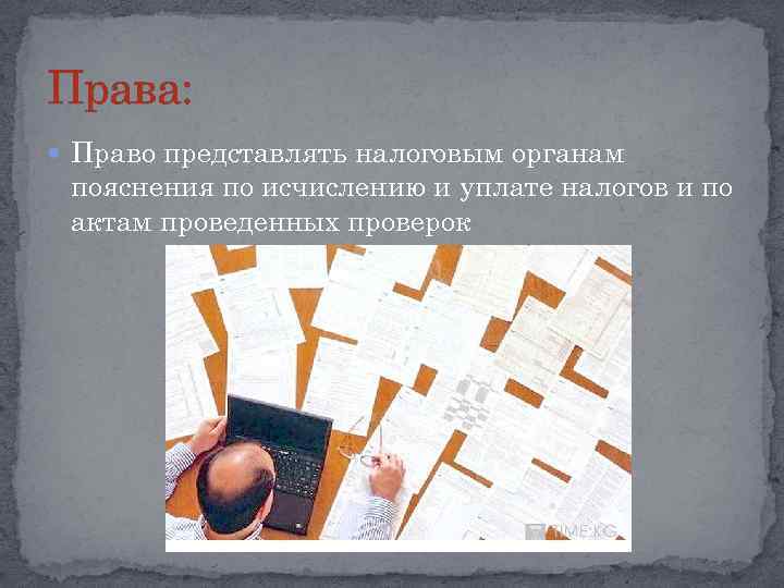 Права: Право представлять налоговым органам пояснения по исчислению и уплате налогов и по актам