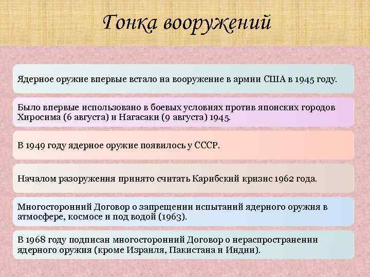 Гонка вооружений Ядерное оружие впервые встало на вооружение в армии США в 1945 году.