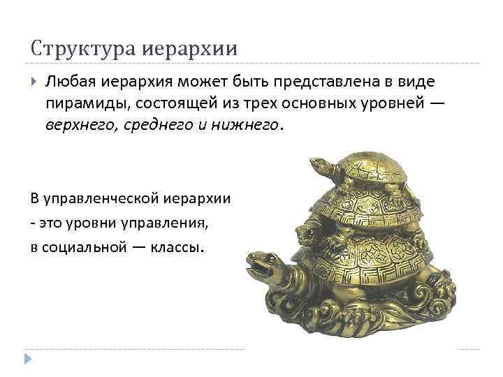 Структура иерархии Любая иерархия может быть представлена в виде пирамиды, состоящей из трех основных