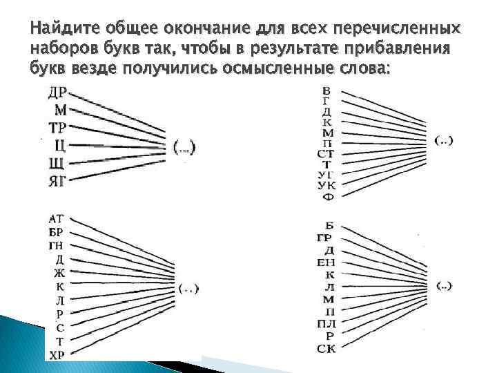 Найдите общее окончание для всех перечисленных наборов букв так, чтобы в результате прибавления букв