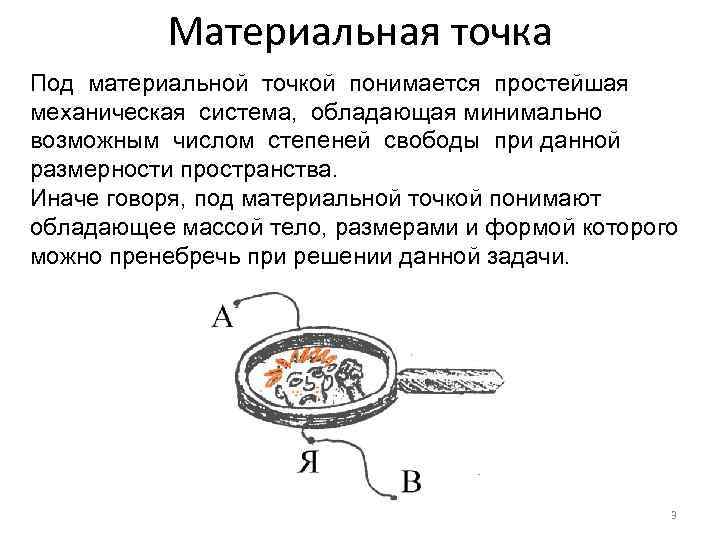 Материальная точка Под материальной точкой понимается простейшая механическая система, обладающая минимально возможным числом степеней