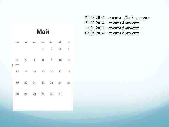 21. 03. 2014 – ставим 1, 2 и 3 аккаунт 31. 03. 2014 –