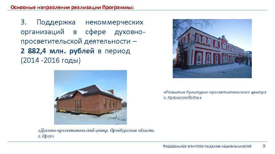 Основные направления реализации Программы: 3. Поддержка некоммерческих организаций в сфере духовнопросветительской деятельности – 2