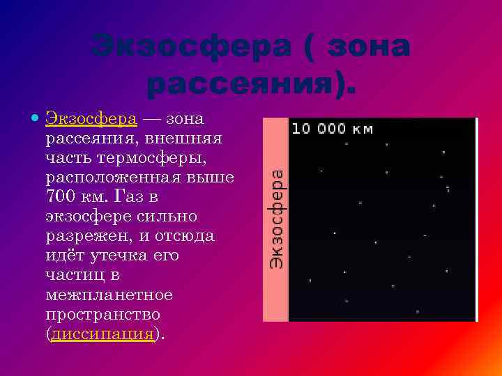 Экзосфера ( зона рассеяния). Экзосфера — зона рассеяния, внешняя часть термосферы, расположенная выше 700