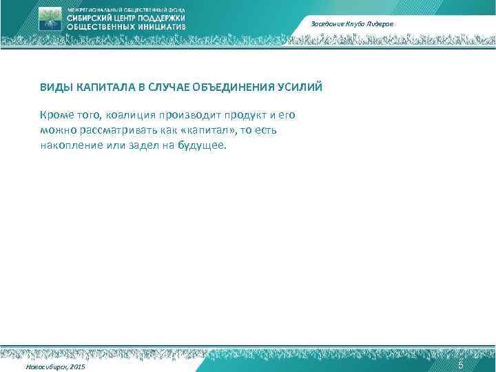 Заседание Клуба Лидеров ВИДЫ КАПИТАЛА В СЛУЧАЕ ОБЪЕДИНЕНИЯ УСИЛИЙ Кроме того, коалиция производит продукт