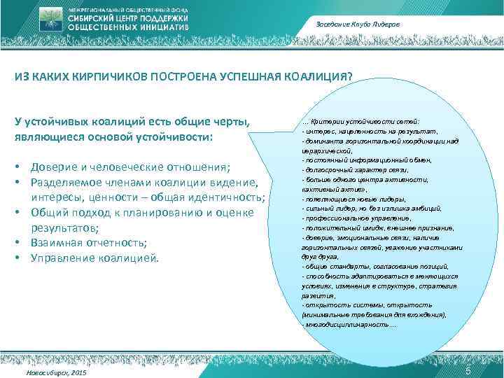 Заседание Клуба Лидеров ИЗ КАКИХ КИРПИЧИКОВ ПОСТРОЕНА УСПЕШНАЯ КОАЛИЦИЯ? У устойчивых коалиций есть общие