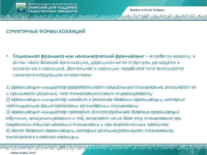 Заседание Клуба Лидеров СТРУКТУРНЫЕ ФОРМЫ КОАЛИЦИЙ • Социальная франшиза или некоммерческий франчайзинг – отработка