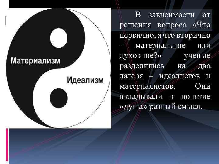  В зависимости от решения вопроса «Что первично, а что вторично – материальное или