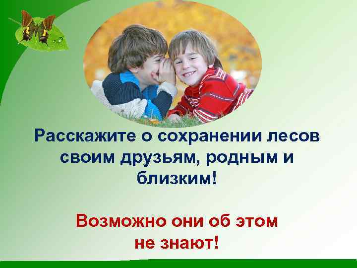 Расскажите о сохранении лесов своим друзьям, родным и близким! Возможно они об этом не