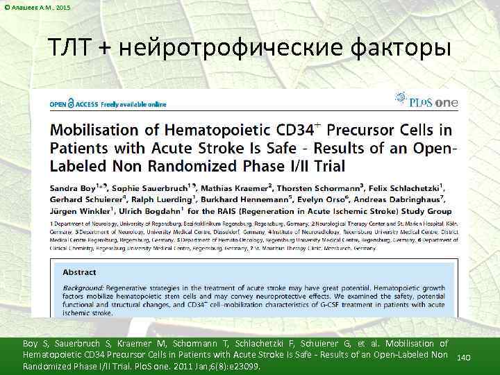 © Алашеев А. М. , 2015 ТЛТ + нейротрофические факторы Boy S, Sauerbruch S,
