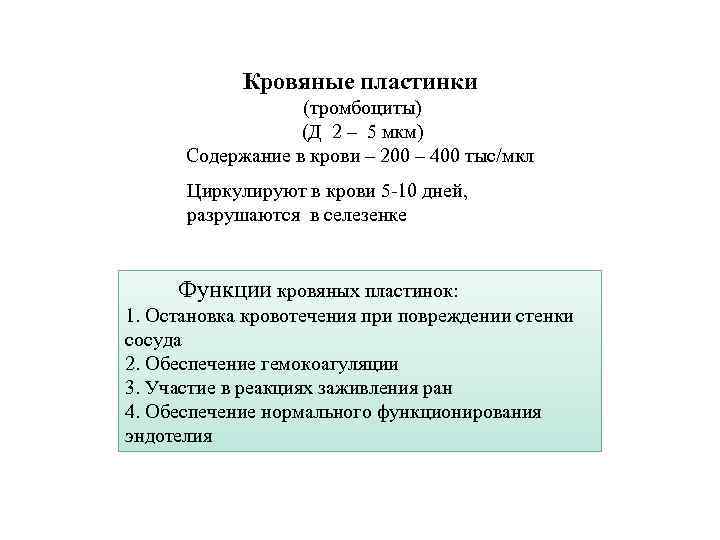 Кровяные пластинки (тромбоциты) (Д 2 – 5 мкм) Содержание в крови – 200 –