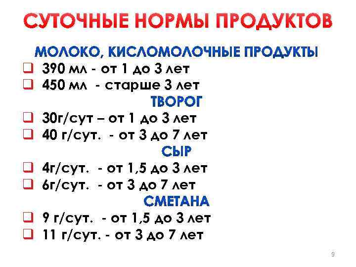 СУТОЧНЫЕ НОРМЫ ПРОДУКТОВ q 390 мл - от 1 до 3 лет q 450