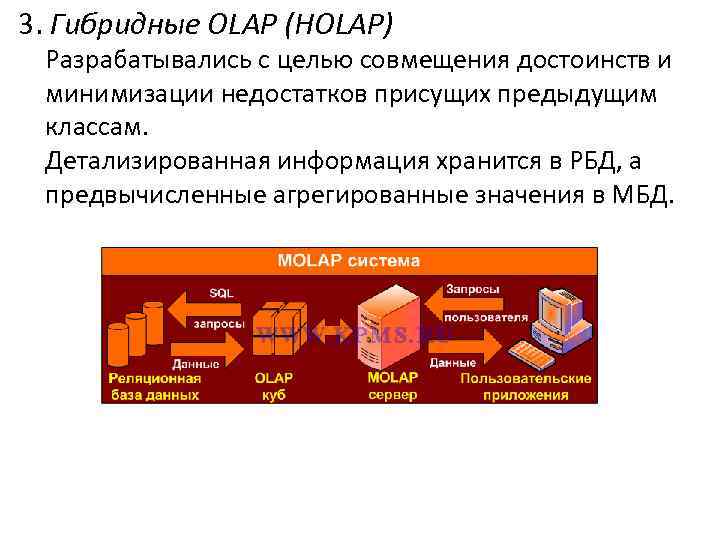 3. Гибридные OLAP (HOLAP) Разрабатывались с целью совмещения достоинств и минимизации недостатков присущих предыдущим