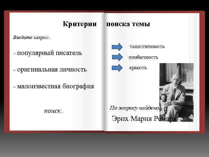 – Критерии поиска темы Введите запрос… – популярный писатель – оригинальная личность таинственность необычность