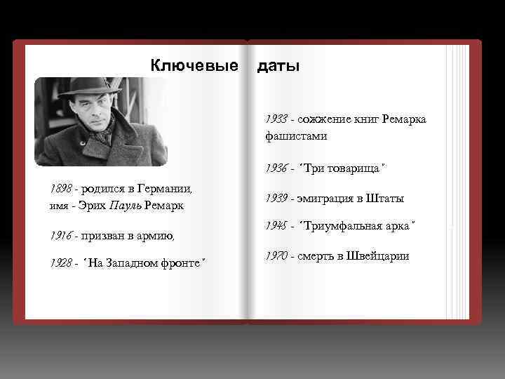 Ключевые даты 1933 – сожжение книг Ремарка фашистами 1936 – “ Три товарища” 1898