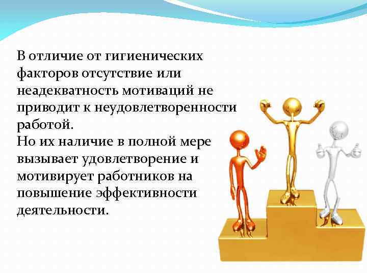 В отличие от гигиенических факторов отсутствие или неадекватность мотиваций не приводит к неудовлетворенности работой.