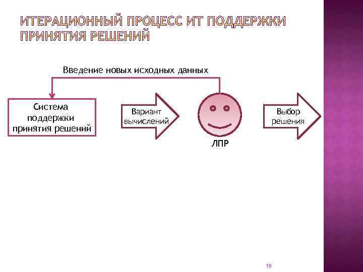 Введение новых исходных данных Система поддержки принятия решений Вариант вычислений Выбор решения ЛПР 19