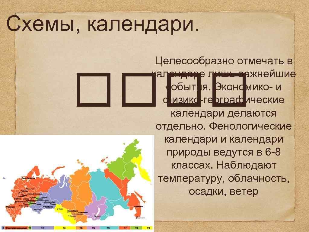 Схемы, календари. Целесообразно отмечать в календаре лишь важнейшие события. Экономико- и физико-географические календари делаются