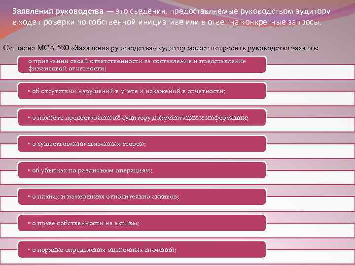 Заявления руководства — это сведения, предоставляемые руководством аудитору в ходе проверки по собственной инициативе