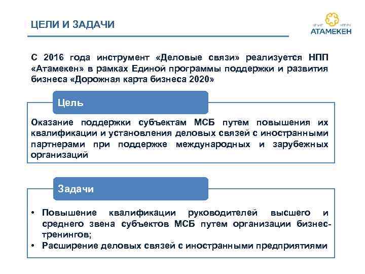 ЦЕЛИ И ЗАДАЧИ С 2016 года инструмент «Деловые связи» реализуется НПП «Атамекен» в рамках