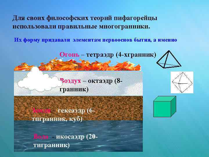 Для своих философских теорий пифагорейцы использовали правильные многогранники. Их форму придавали элементам первооснов бытия,