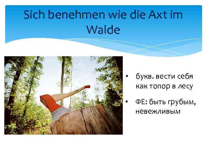 Sich benehmen wie die Axt im Walde • букв. вести себя как топор в