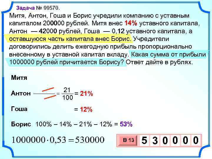 Задача № 99570. Митя, Антон, Гоша и Борис учредили компанию с уставным 14% 200000
