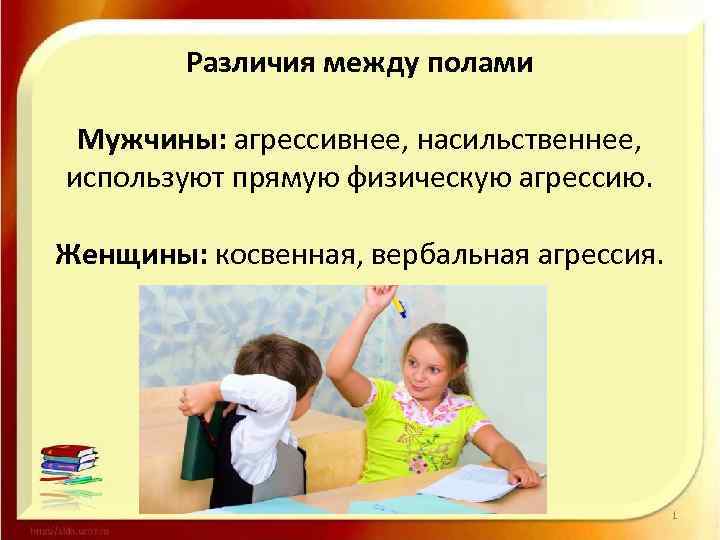 Различия между полами Мужчины: агрессивнее, насильственнее, используют прямую физическую агрессию. Женщины: косвенная, вербальная агрессия.