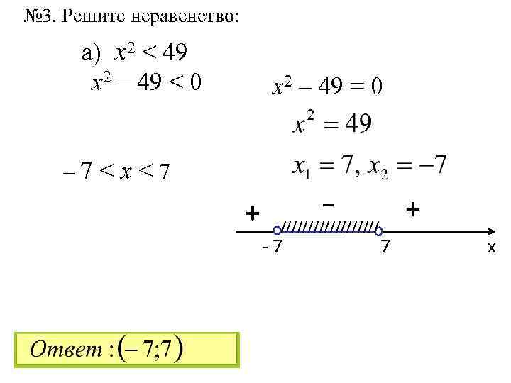 № 3. Решите неравенство: а) x 2 < 49 x 2 – 49 <