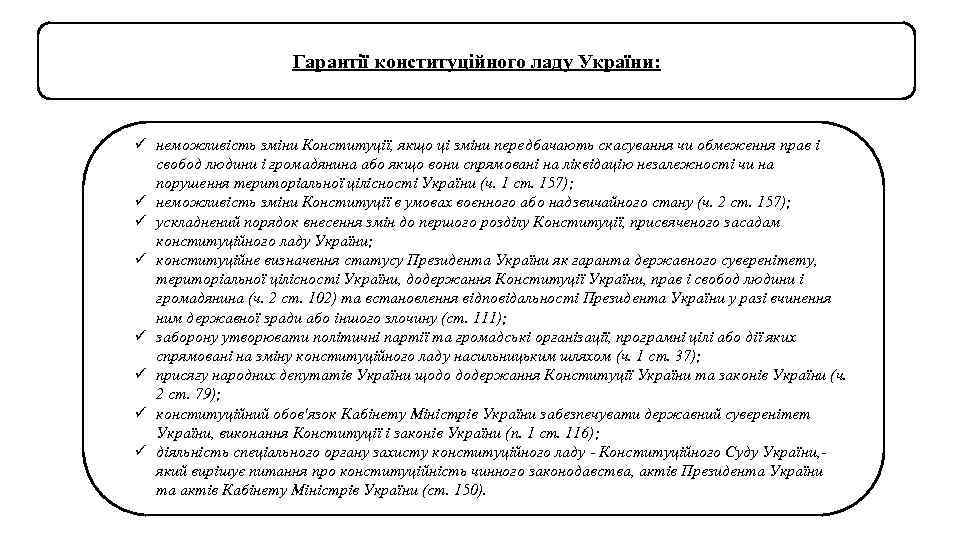 Гарантії конституційного ладу України: ü неможливість зміни Конституції, якщо ці зміни передбачають скасування чи