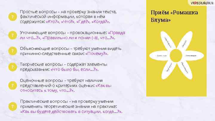 ? Простые вопросы – на проверку знания текста, фактической информации, которая в нём содержится: