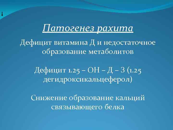 Патогенез рахита Дефицит витамина Д и недостаточное образование метаболитов Дефицит 1. 25 – ОН