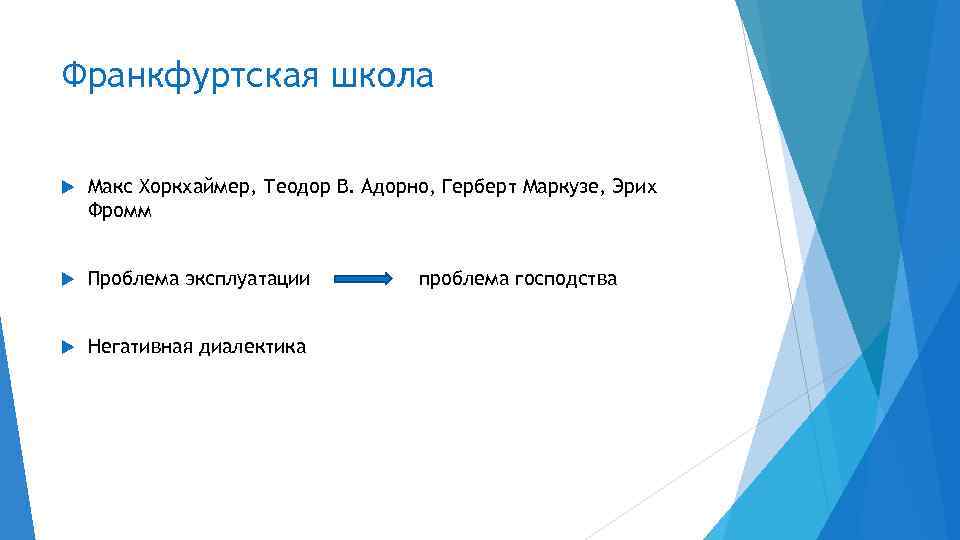 Франкфуртская школа Макс Хоркхаймер, Теодор В. Адорно, Герберт Маркузе, Эрих Фромм Проблема эксплуатации Негативная