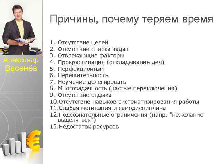 Причины, почему теряем время Александр Васенёв 1. Отсутствие целей 2. Отсутствие списка задач 3.