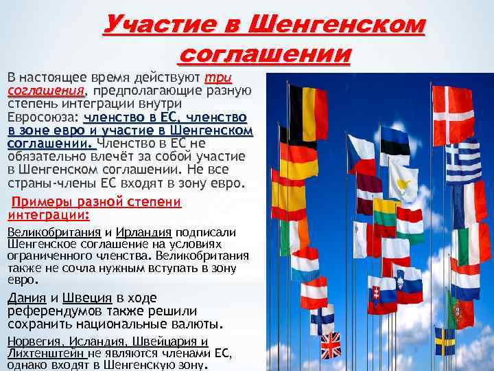 Участие в Шенгенском соглашении В настоящее время действуют три соглашения, предполагающие разную соглашения степень