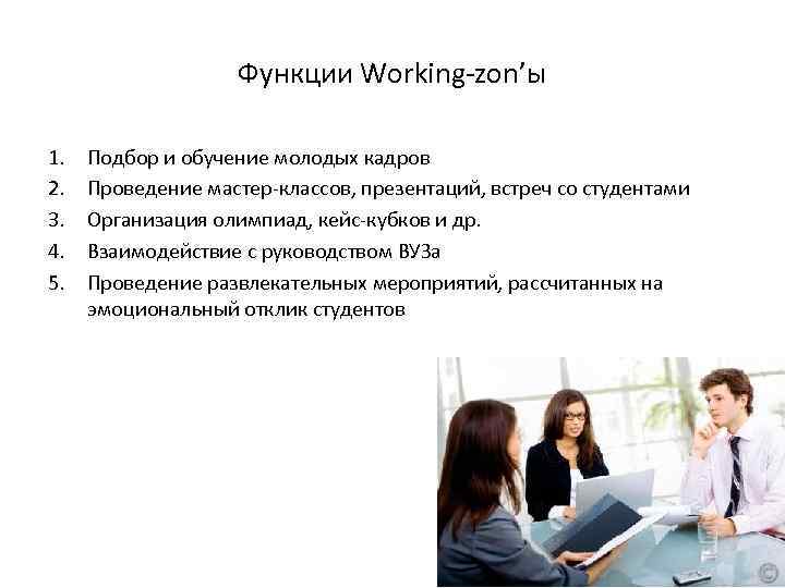 Функции Working-zon’ы 1. 2. 3. 4. 5. Подбор и обучение молодых кадров Проведение мастер-классов,