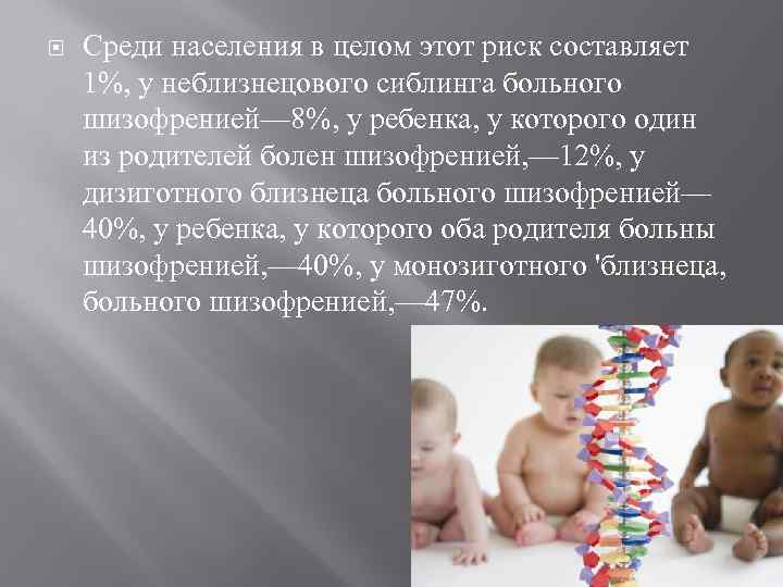  Среди населения в целом этот риск составляет 1%, у неблизнецового сиблинга больного шизофренией—