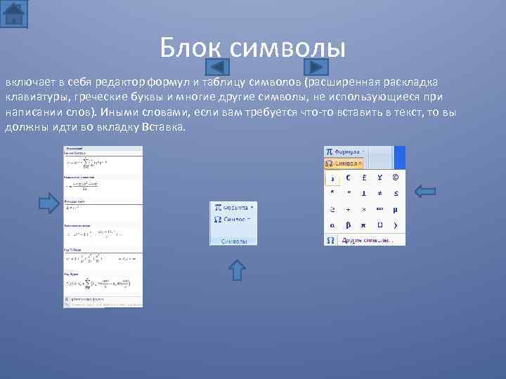 Блок символы включает в себя редактор формул и таблицу символов (расширенная раскладка клавиатуры, греческие