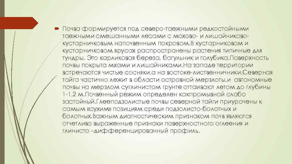  Почва формируется под северо-таежными редкостойными таежными смешанными лесами с мохово- и лишайниковокустарничковым напочвенным