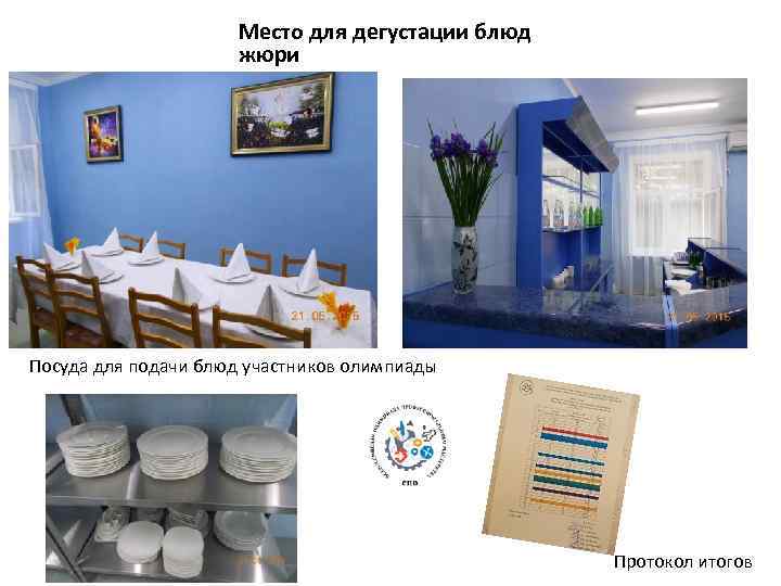 Место для дегустации блюд жюри Посуда для подачи блюд участников олимпиады Протокол итогов 